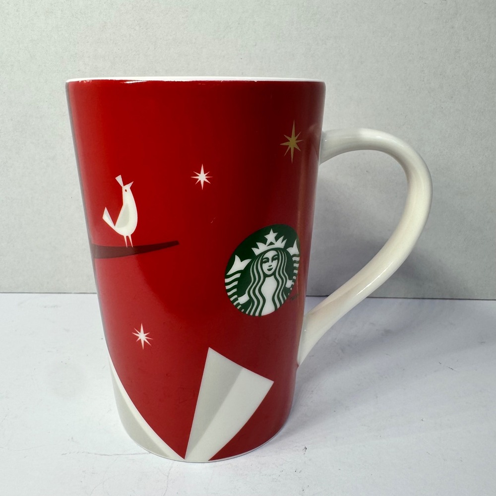 Starbucks 2012 Holiday Red Ceramic Coffee Mug White Bird Stars‎ 4.75" Tall Mug